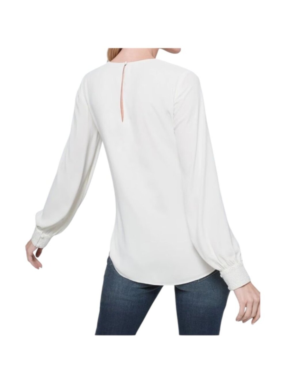 White House Black Market NWT $99 Women's Ecru Lace Trim Blouse Jewel Neck Size L - Picture 2 of 12